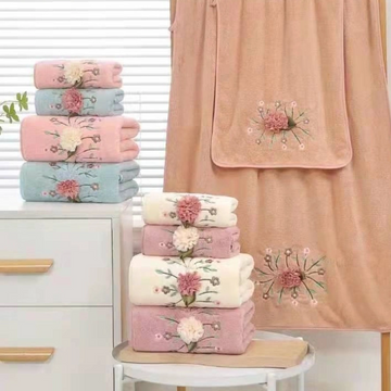 3D Embroidered Coral Fleece Bath Towel Set