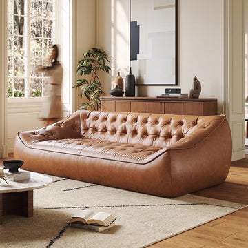 American Light Luxury Straight Bean Bag Sofa - Vintage Oil Wax Genuine Leather Sofa