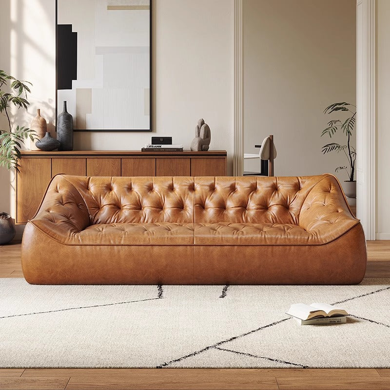 American Light Luxury Straight Bean Bag Sofa - Vintage Oil Wax Genuine Leather Sofa